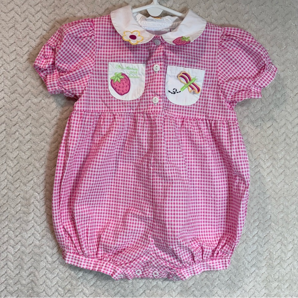 Vintage First Impressions 24 month‎ Pink Gingham Embroidered Baby Bubble Romper